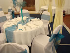 White Chair Covers and Teal Sashes